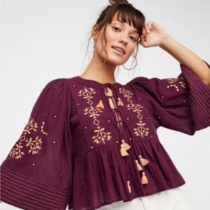 Free People Plum Embroidered Blouse
